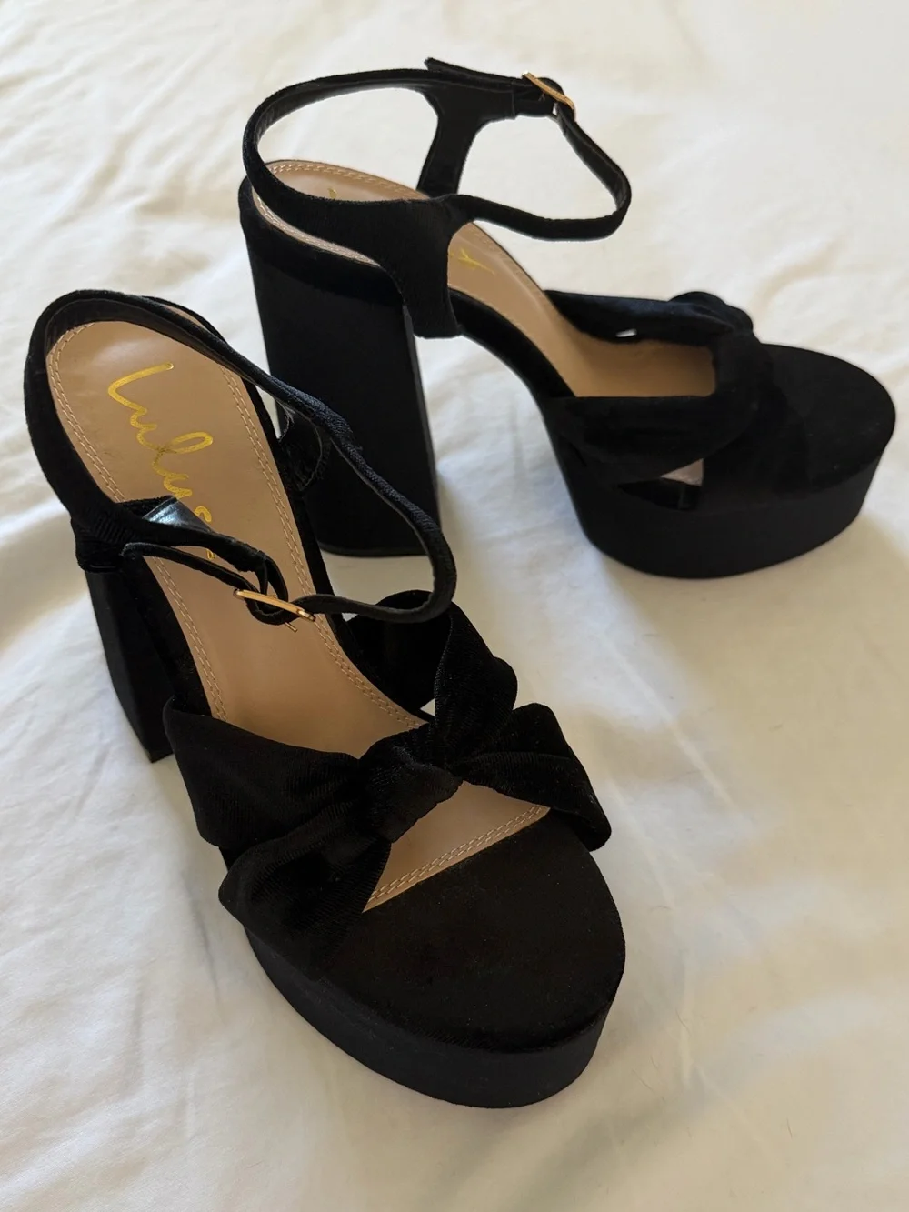 Lulu's Black Velvet Platform Knot Block Heels